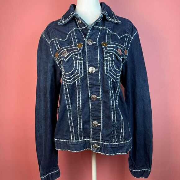 VINTAGE TRUE RELIGION JIMMY SUPER T 1990s Y2K DENIM JACKET💚 - Picture 2 of 16